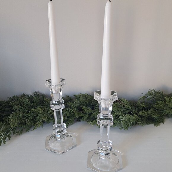 Vintage Crystal Candlesticks Glass Taper Candle Holders - Set of 2 - Picture 2 of 2